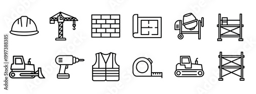 Set of black linear construction site icons including a hard hat, crane, brick wall, blueprint, concrete mixer, bulldozer, and other building equipment