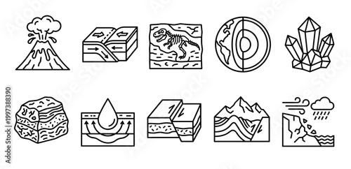 Geology and earth science line icon set showing volcano eruption, tectonic plates, dinosaur fossil, earth core, crystals, rock layers, and mountains in a simple black outline style