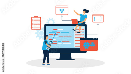 Software development teamwork concept with programmers coding on computer interface UI