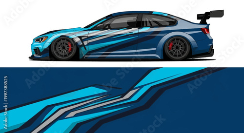 Stylized blue racecar illustration with dynamic speed and aero design.