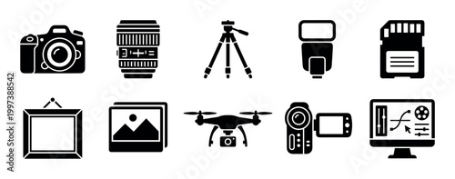 Set of black photography and videography glyph icons showing a camera, lens, tripod, flash, memory card, drone, and editing software in a minimalist flat design style