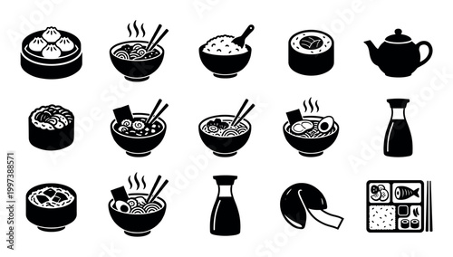 Collection of Asian food vector icons including ramen bowls, sushi rolls, dim sum, bento box, soy sauce, and a teapot, presented in a simple black and white graphic silhouette style