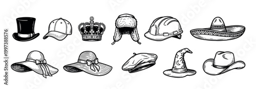 Collection of various hand-drawn hats in a vintage engraved style, including a top hat, crown, hard hat, sombrero, cowboy hat, and wizard hat in a monochrome illustration