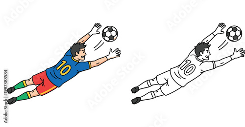 Goalkeeper diving for soccer ball vector illustration with colored and outline coloring page versions, football player number 10 in dynamic action pose for sports design and kids activity