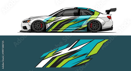 Fotografie Dynamic race car livery design with bold turquoise green stripes and abstract shapes