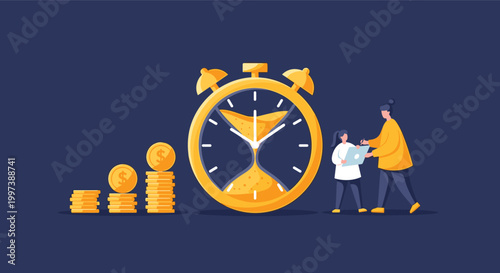 Time management and financial growth concept featuring hourglass clock and coins with two business people discussing tasks.