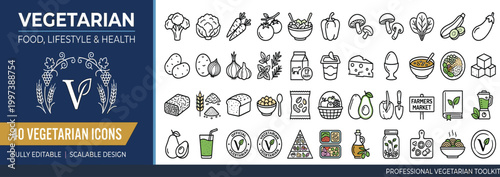 40 Vegetarian Food, Lifestyle, and Health Icons - Editable Vector Graphics for Healthy Living