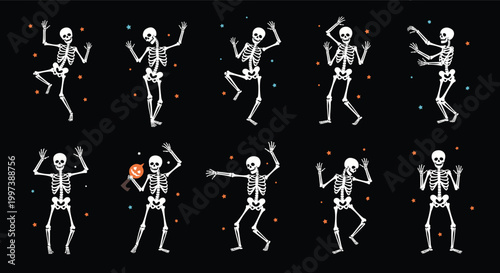 Dancing skeleton characters on black background with stars celebrating halloween in various fun and spooky holiday poses.