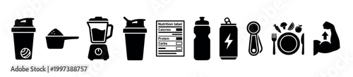 Set of black fitness nutrition icons including a protein shaker, scoop, blender, energy drink, healthy food, and a bicep symbol for bodybuilding and a healthy lifestyle