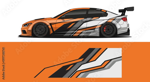 Dynamic orange race car illustration with bold stripes and aerodynamic design on a stylized track.