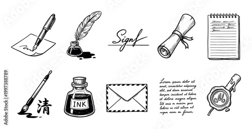 Set of hand-drawn writing and correspondence icons featuring a quill pen, inkwell, scroll, wax seal, and fountain pen in a vintage black and white sketch style illustration
