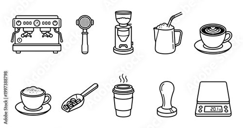 Collection of black and white coffee-making icons featuring an espresso machine, grinder, portafilter, tamper, scale, and cups in a minimalist line art illustration style