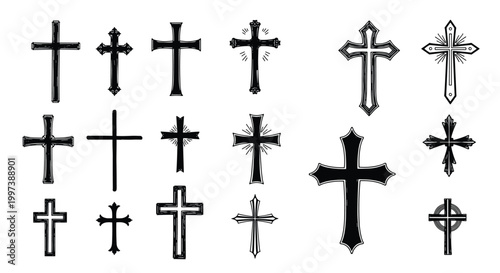 Christian cross symbols collection in black and white featuring various religious crucifix designs and ornate gothic styles.