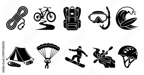 Set of black extreme sports icons representing outdoor activities like climbing, mountain biking, hiking, diving, surfing, camping, skydiving, snowboarding, and kayaking