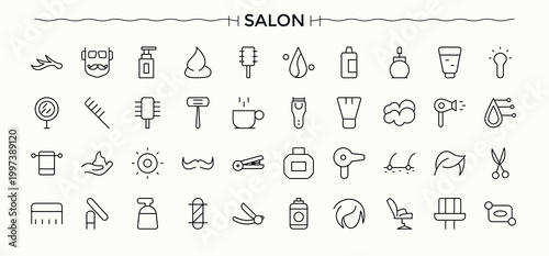 Salon icon. Barber icon set. Thin outline icons pack. Includes thin line symbols hairstyle, barber, beauty, grooming. Pixel perfect. Editable vector.