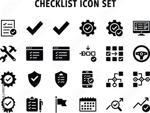 Set of various black checklist icons for business management tasks and organizational process tracking and planning