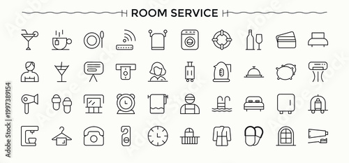 Room Service vector line icon set. Included room, building, care, apartment. Service vector icon set. Thin icons set. Editable vector.