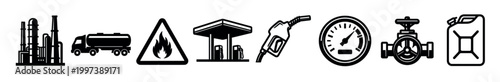 Set of black oil industry icons including a refinery, tanker truck, flammable sign, gas station, pump nozzle, pressure gauge, pipeline valve, and jerrycan in a minimalist style