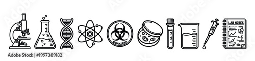Collection of laboratory and science outline icons featuring a microscope, DNA strand, atom, biohazard warning, test tube, beaker, and pipette for educational or research themes