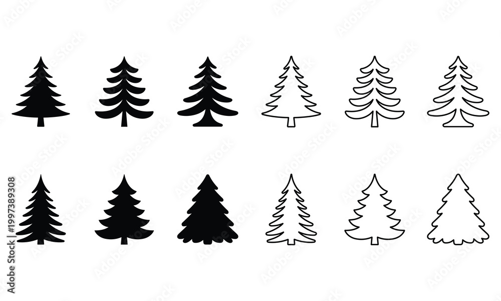 Obraz premium Collection of various fir tree silhouettes and outline icons for christmas cards and seasonal winter forest decorations.