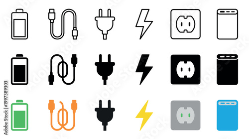Large set of electricity related icons for charging devices, featuring battery, USB cable, plug, outlet, and power bank symbols in line, glyph, and flat color variations