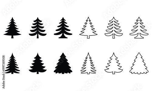 Collection of various fir tree silhouettes and outline icons for christmas cards and seasonal winter forest decorations.