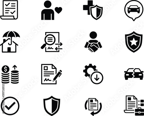 Collection of business and insurance related icons representing contracts safety healthcare automotive and financial planning services
