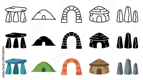 Collection of prehistoric architecture icons showing dolmen, cave, stone arch, hut, and menhirs in line, glyph, and flat color styles for historical or archaeological design