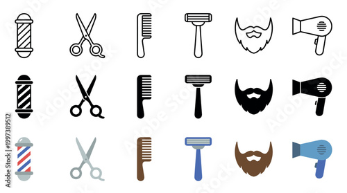 Collection of barbershop and hairstyling icons presented in three distinct styles: thin line, solid black glyph, and flat color, featuring a pole, scissors, comb, razor, beard, and hairdryer