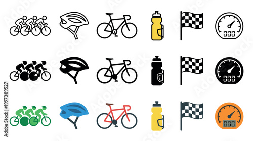 Set of cycling and racing icons in three different styles including line art, solid silhouette, and color, featuring cyclists, a helmet, bicycle, water bottle, and checkered flag