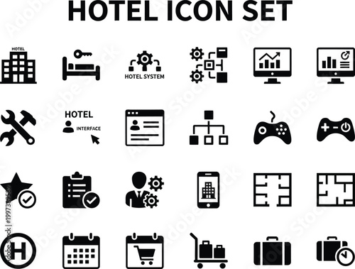 Collection of professional black hotel management icons for hospitality industry administration and guest service operations