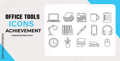 Collection of handdrawn office tools and achievement icons in minimalist style