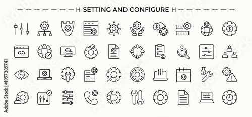 Set of Setup and Setting line icon. Featuring configuration, gear, setting, cog, machine, settings. Perfect for logos and infographic. Machinery modern icon set. Editable vector stroke.