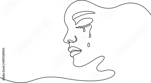 Continuous one line drawing of Sadness, emotional face, one line drawing, minimalist vector, crying woman