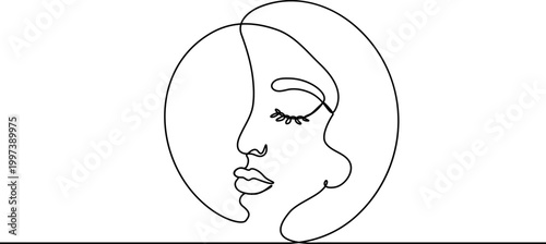 Continuous one line drawing of Minimalist line art woman face, continuous one line drawing, simple elegant portrait, black and white vector illustration
