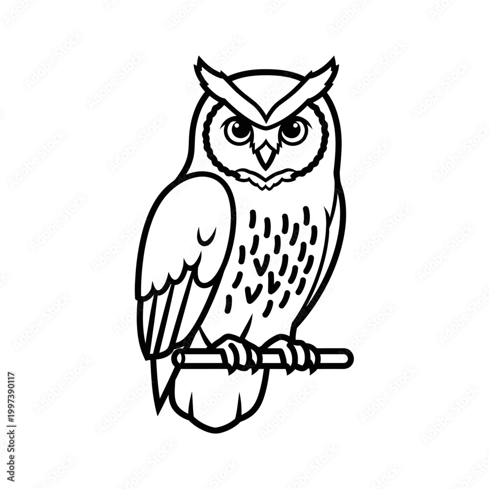 Fototapeta premium Detailed black and white illustration of an owl perched on a branch, looking forward.
