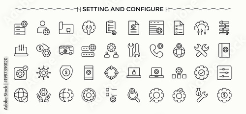 Setting And Setup linear icon collection. Configuration icon set. Included settings, setup, machinery, customize, setting, install, machine and more. Editable vector art.