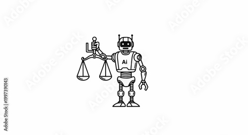Black line art robot with "Ai" on chest holds balance scales