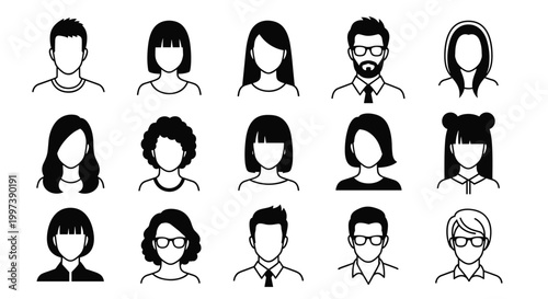 Professional set of black and white human avatars representing diverse male and female characters with different hairstyles.