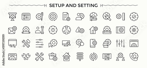Setup and Setting line icon set. Setup icon set. Isolated icons. Contains such icons as install, configuration, maintenance, machinery, setting, gear and more. Editable vector stroke.