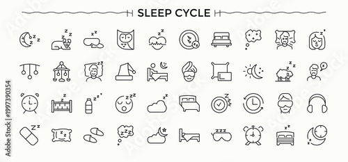 Sleep Problems related icon set. Minimal linear icons. Editable stroke. Vector illustration. Bedding modern icon set. It contains symbols to sleep, bedding, problem, trouble and more.