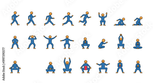 Sequential set of human figures performing various yoga poses and exercises in a simple pixel art style on white.