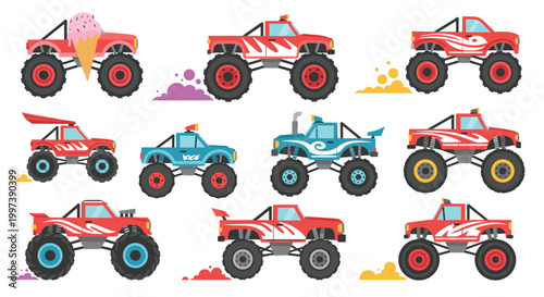 Collection of powerful monster trucks with oversized tires and colorful paint jobs featuring flames and other designs.