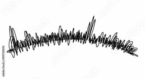 Black scribbles in a curved line, dense and chaotic, on a white background