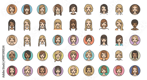 Comprehensive collection of diverse female avatars with various hair colors, styles, and ethnicities in circular frames.