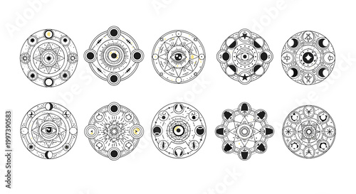 Set of intricate black and white mystical mandalas featuring eyes, moon phases, and celestial symbols for meditation.