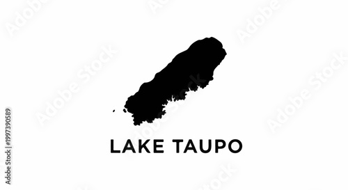 Black silhouette map of Lake Taupo with its name in white text