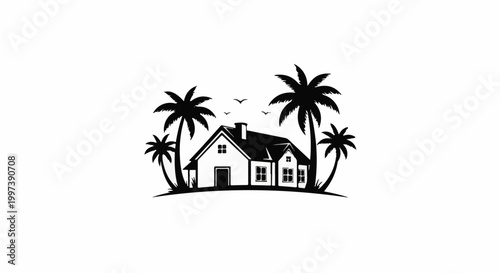 Black silhouette of a house with palm trees and birds on a white background