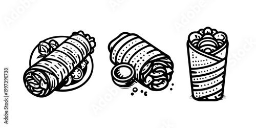 Set of Three Wraps and Burritos Fast Food Vector Illustration
