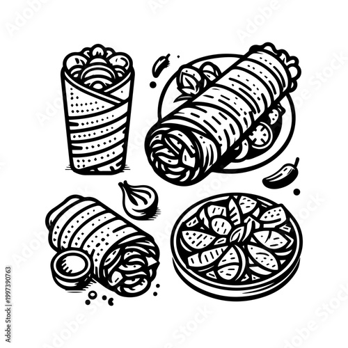 Set of Fast Food Wraps and Salad Bowl Vector Illustrations